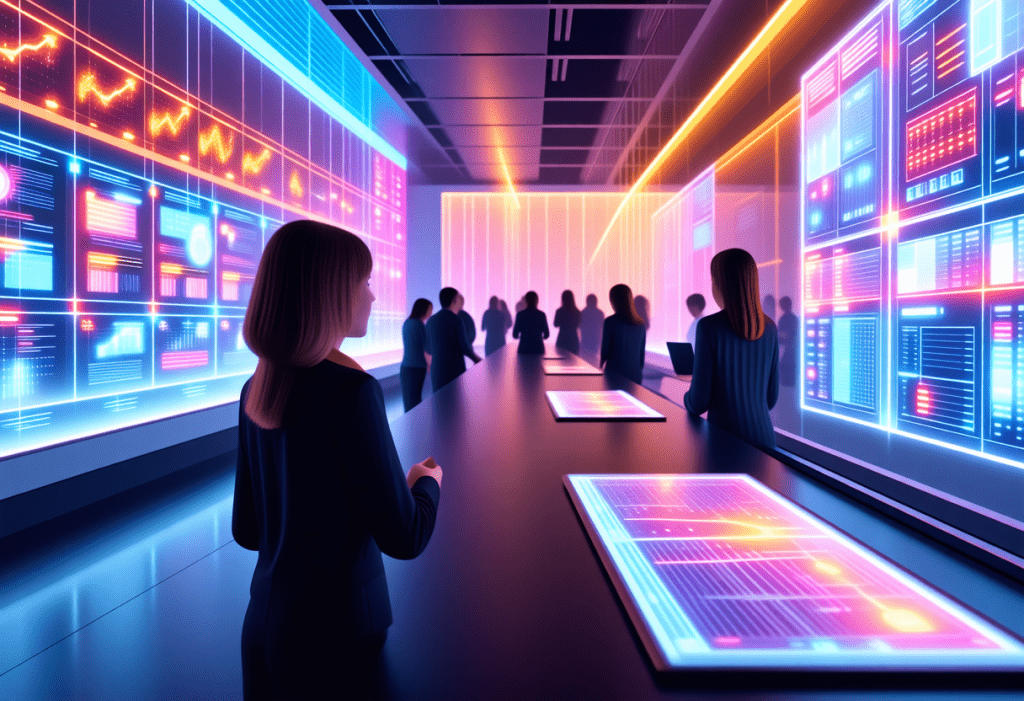 네온 데이터 패널 앞에서 회의하는 비즈니스 팀