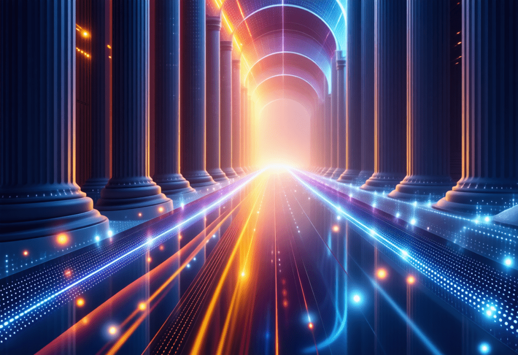 빛의 패턴으로 이루어진 미래형 데이터 아치 구조