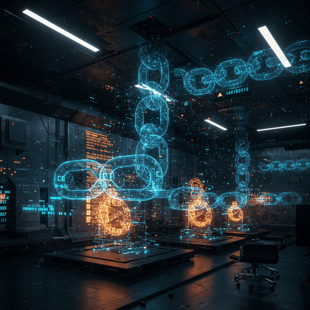 블록체인 구조를 형상화한 홀로그램 체인 이미지