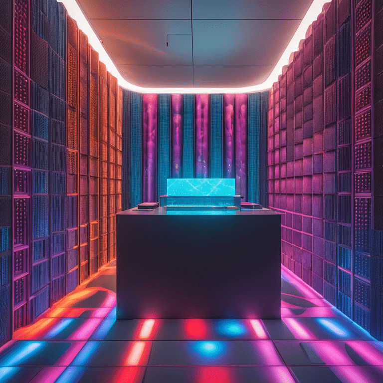 주황색과 분홍색 조명이 켜진 격자 패턴 벽으로 둘러싸인 방 중앙에 청록색 큐브가 놓여 있다