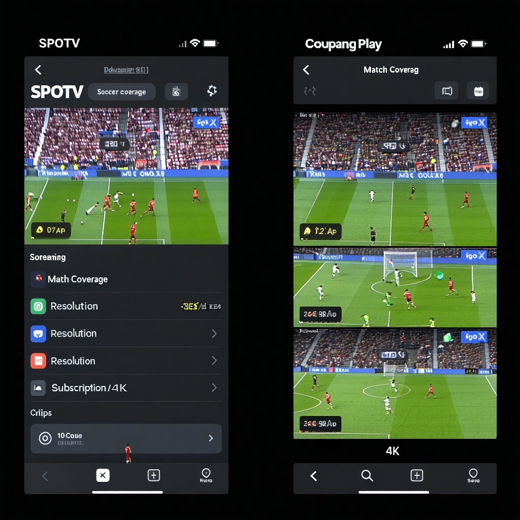 SPOTV와 CoupangPlay 축구 중계 화면을 비교하는 스트리밍 해상도 옵션 인터페이스