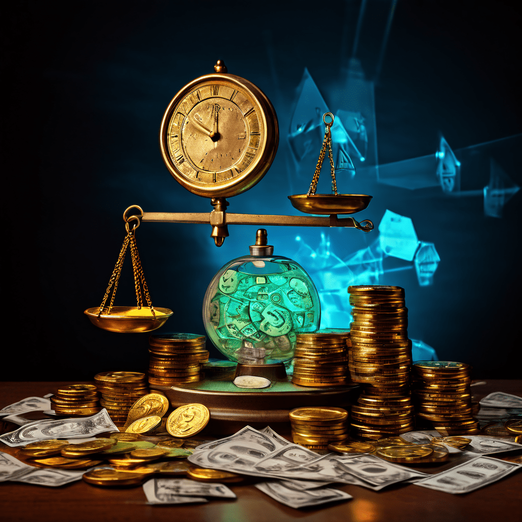 보험 가입의 가치와 위험을 저울로 형상화한 이미지로, 빛나는 보험 증권과 금전적 이득 및 경고 표지판이 균형을 이루고 있습니다.