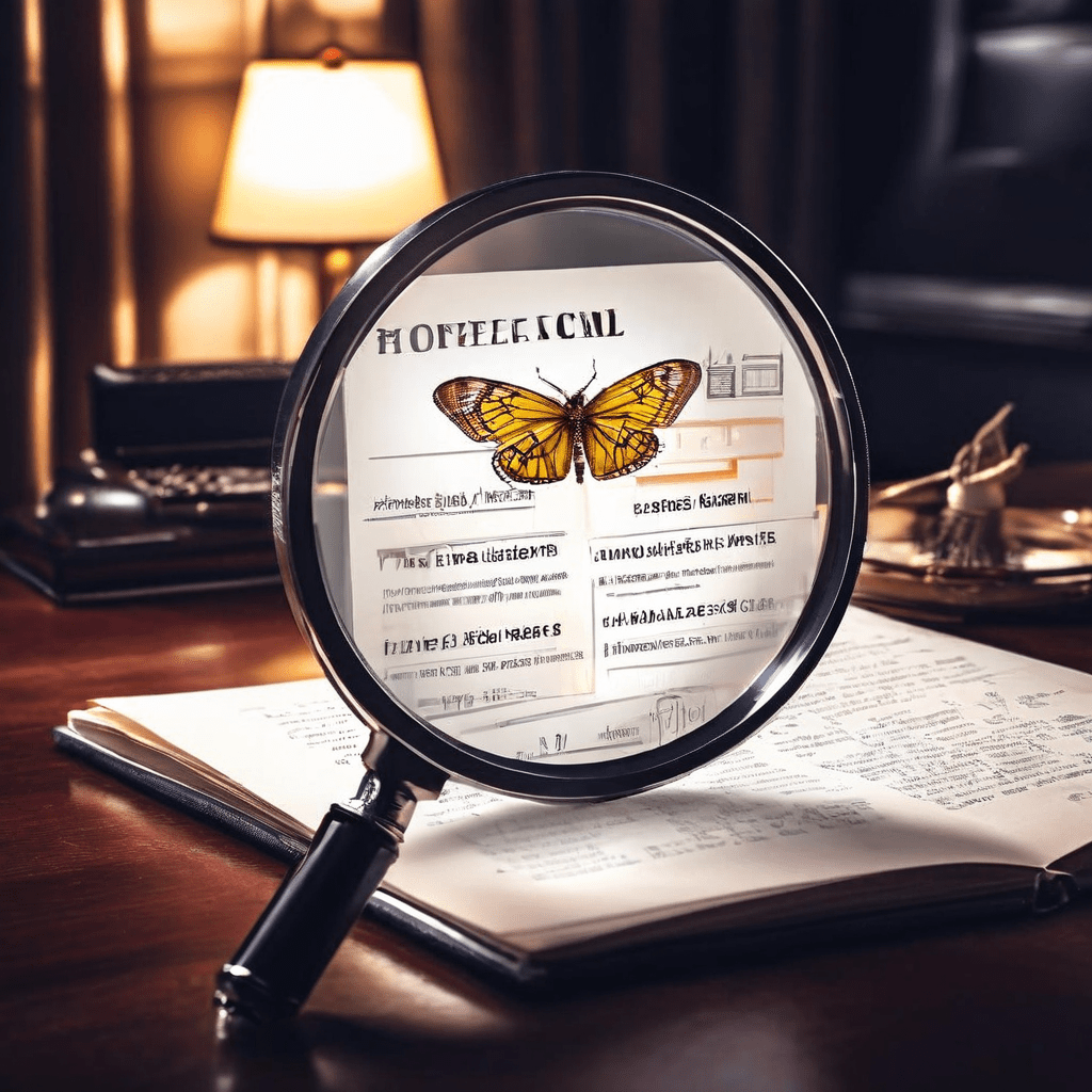 호텔 리뷰를 확대하는 돋보기 아래 숨겨진 위험 신호인 벌레나 파손된 물건이 긍정적 하이라이트 텍스트 밑에 드러나 호텔 숙박 시 리뷰를 꼼꼼히 확인해야 함을 상징적으로 보여줍니다.