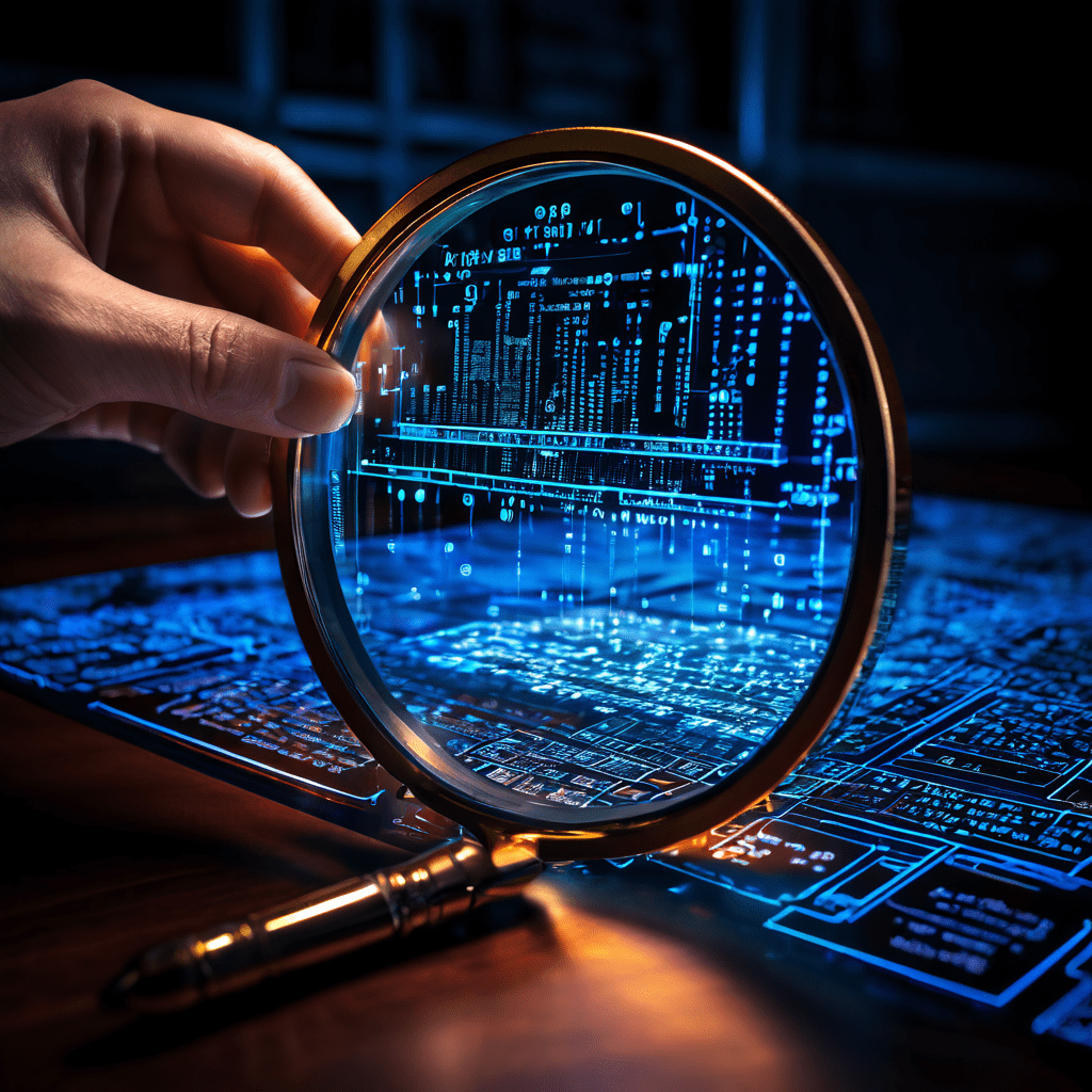 블록체인 분석가가 디지털 더치 페이 거래의 정확한 계산을 확증하기 위해 빛나는 원장 위에 확대경을 올려놓고 검증 작업을 진행하는 모습을 상징적으로 표현한 이미지입니다.