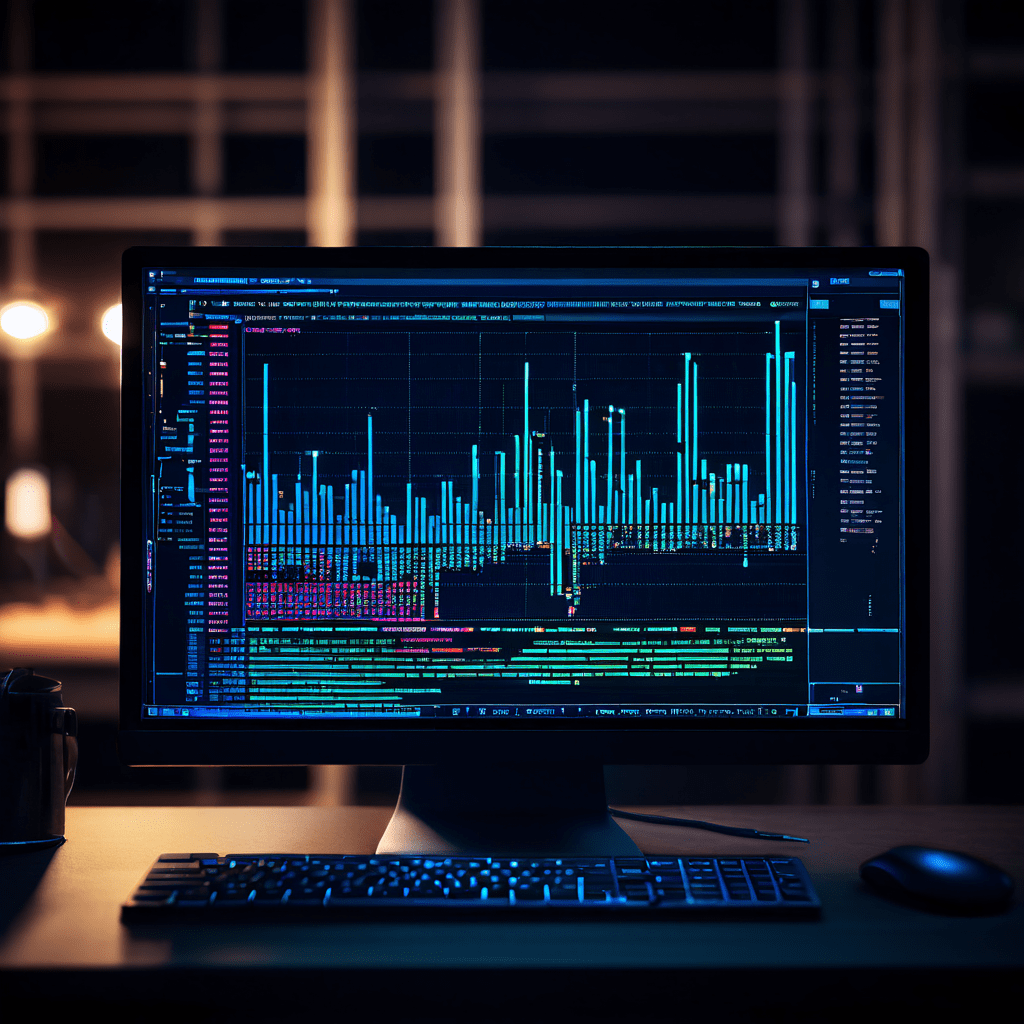 숨겨진 소비자 불만 데이터를 분석한 결과를 비밀 포럼 게시글과 함께 화면에 표시한 컴퓨터 화면 클로즈업으로, 빛나는 데이터 분석 그래프와 이진 코드가 중첩되어 있습니다.