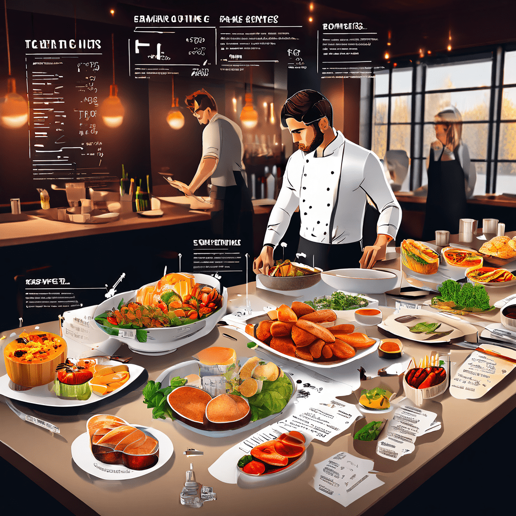 음식 평론가들의 리뷰를 차트와 그래프, 핵심 키워드로 시각화한 상세한 인포그래픽이 활기찬 레스토랑 내부 풍경 위에 겹쳐져 있는 모습을 보여줍니다.