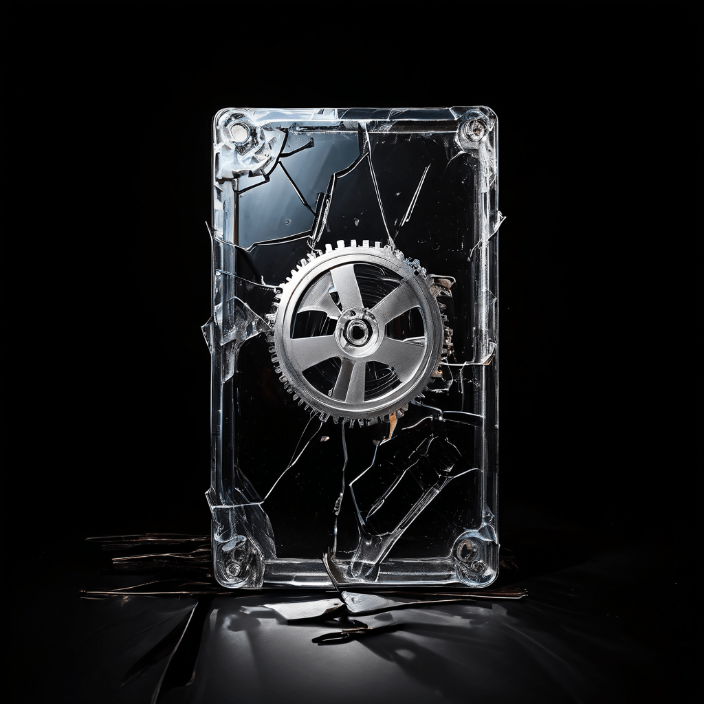 유튜브 플레이 버튼이 갈라져 내부의 기계 장치와 작은 글씨가 드러나며 길고 위태로운 그림자를 드리우고 있는 모습을 상징적으로 표현한 이미지입니다.