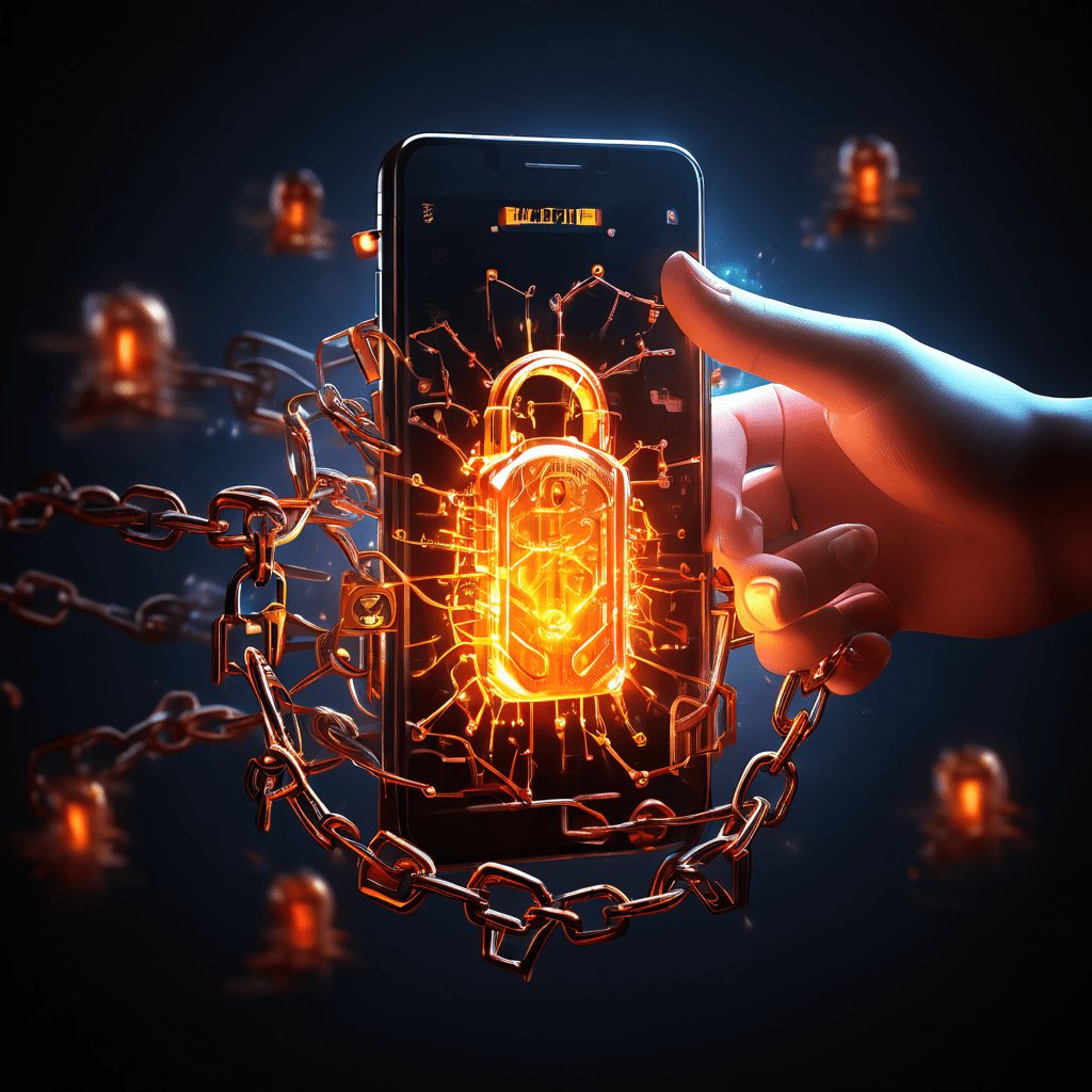 주식 사기 문자 메시지를 경고하는 빨간 위험 표시와 주가 하락 차트가 배경에 함께 표시된 스마트폰 화면 이미지입니다.