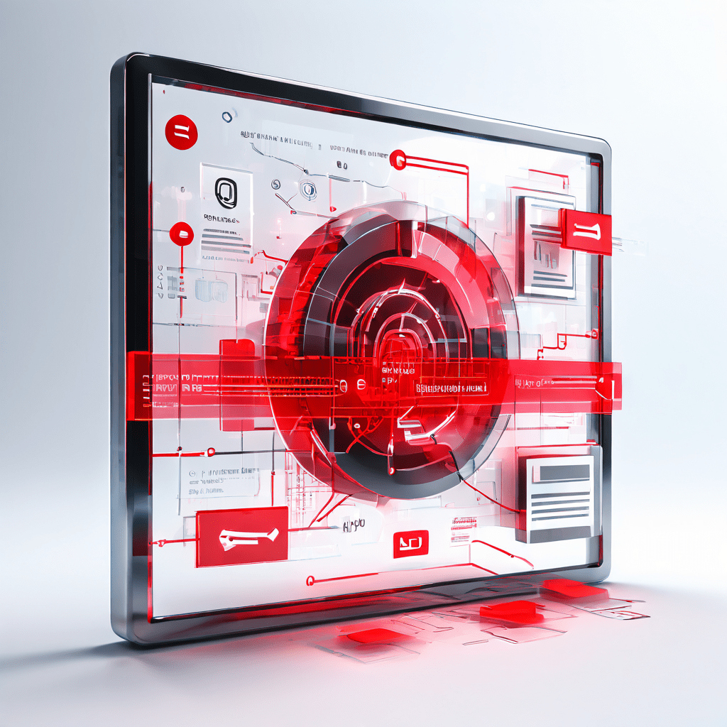 데이터 보안 위반과 정보 유출 위험을 상징적으로 표현한 이미지로, 깨진 투명한 웹사이트 모델 안에 비밀 문서가 잠겨 있고 경고 테이프와 흐릿한 데이터 흐름 차트가 배치되어 있습니다.