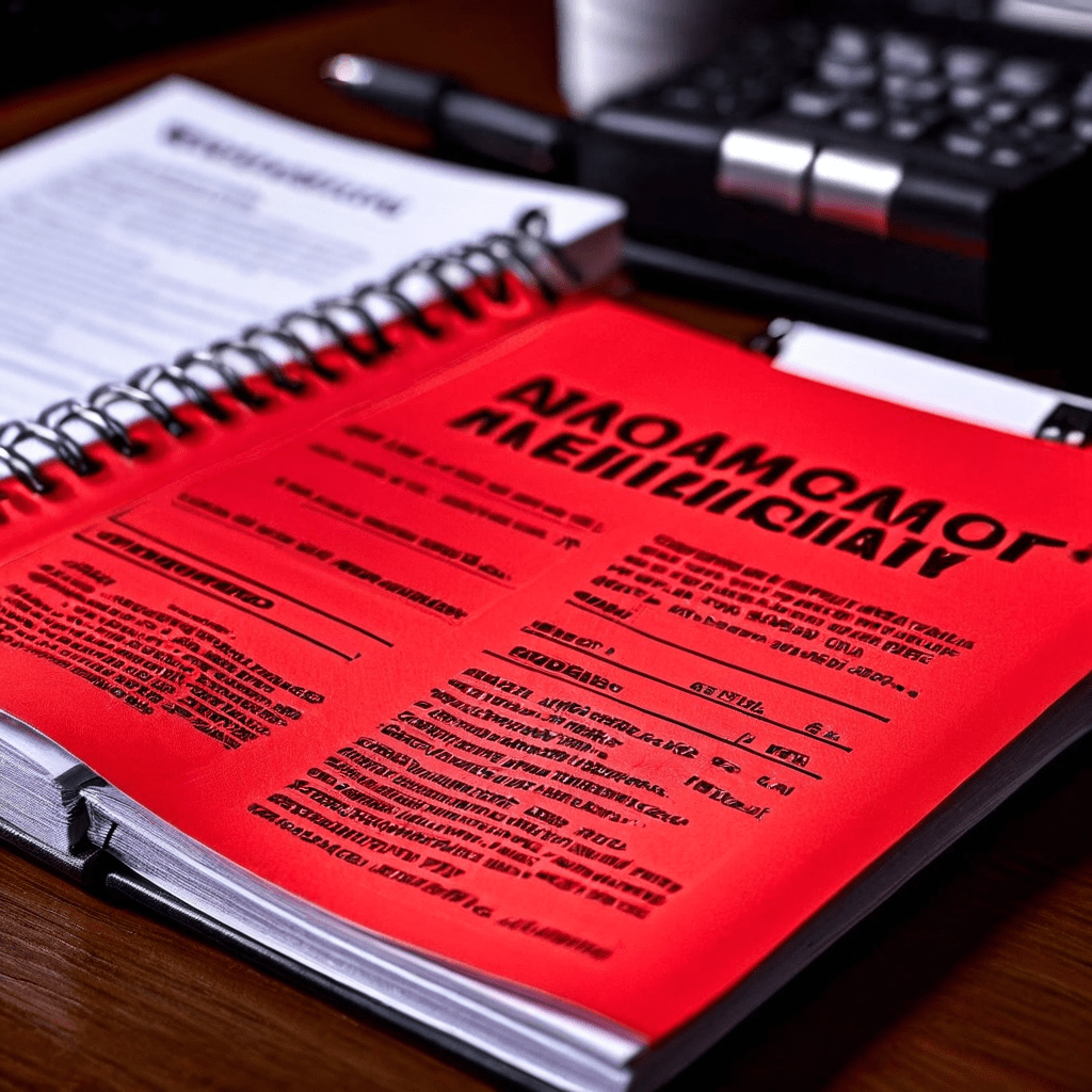 비상 상황 발생 시 화재, 의료, 보안 대응 절차를 안내하는 '지금 당장 행동하라' 흐름도가 펼쳐진 진홍색 비상 대응 매뉴얼이 깔끔한 책상 위에 놓여 있는 모습을 보여줍니다.