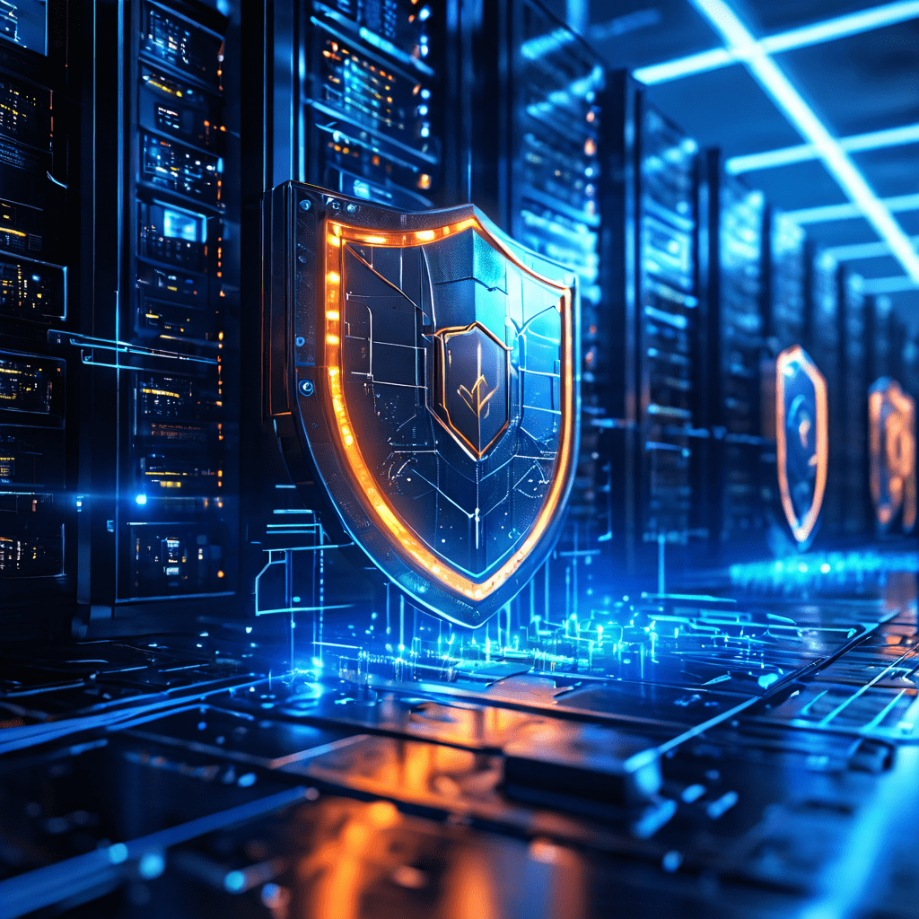 데이터 센터를 보호하는 빛나는 방패와 코인이 백업 서버 및 보안 심볼로 변환되며 전략적 가치를 강조하는 사이버 보안 투자 개념을 시각화한 이미지입니다.