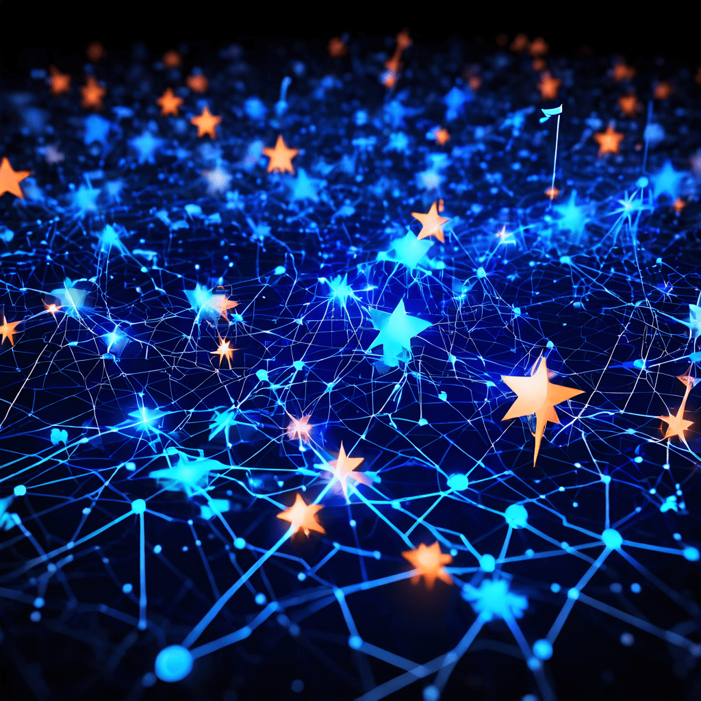 신뢰할 수 없는 평판 데이터를 상징하는 조각난 별점과 리뷰, 끊긴 연결선, 흐릿한 물음표 아이콘으로 구성된 추상적인 네트워크 개념 이미지입니다.