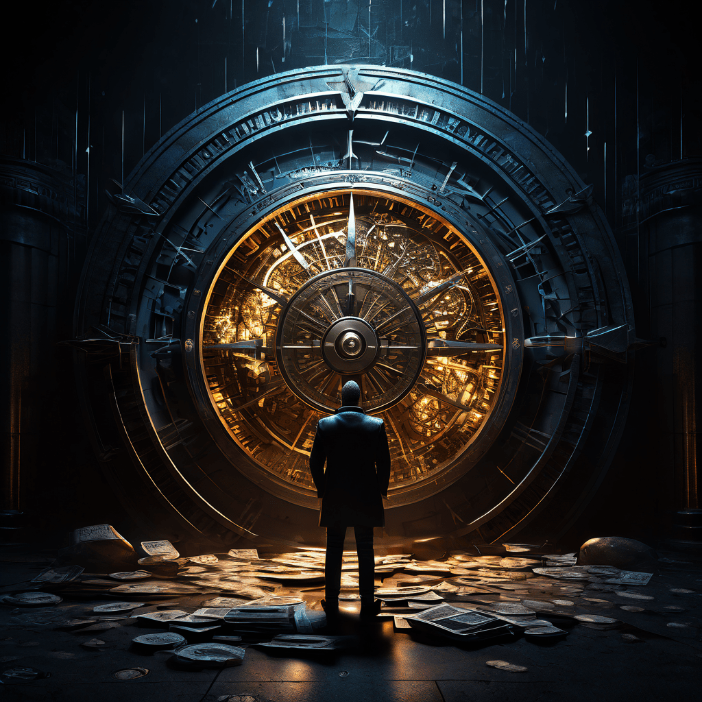 금융 데이터를 지키는 인물이 금고 앞에 서 있으며, 그 그림자로 인해 윤리적 나침반이 갈라지는 모습을 통해 데이터 보안과 윤리적 딜레마의 충돌을 상징적으로 표현한 이미지입니다.