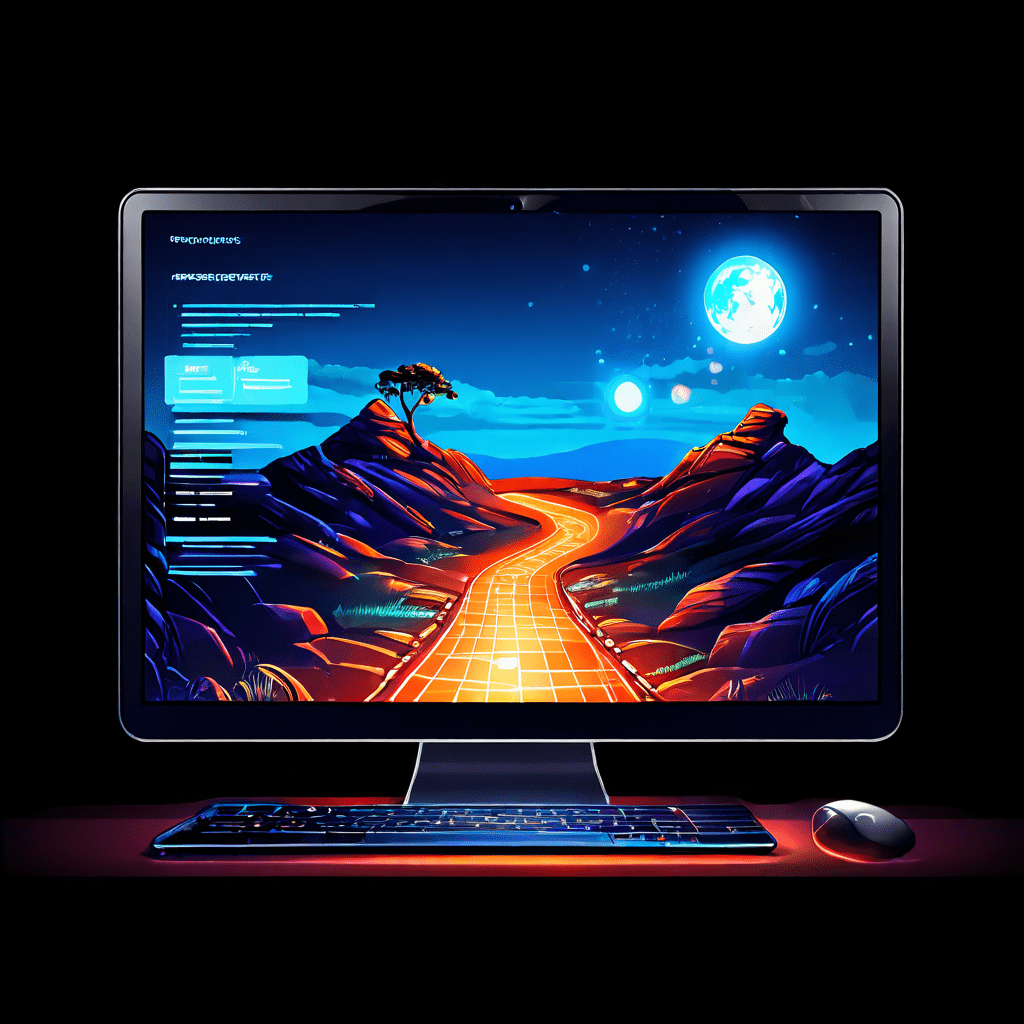 웹사이트의 최적화된 주요 접근 경로를 상징적으로 표현한 이미지로, 데스크톱 컴퓨터 화면에 표시된 웹 브라우저로 빛나는 길이 연결되어 있습니다.