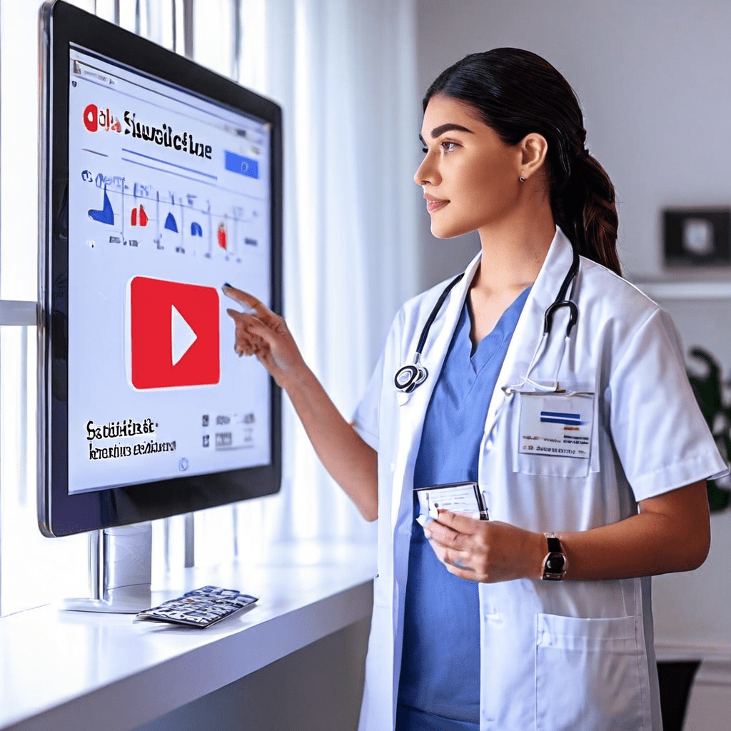 의사가 유튜브 채널 건강 분석 차트를 진단하며 화면 속 구독 버튼을 가리키는 모습을 담은 이미지로, 콘텐츠 성장을 의학적 진단에 비유한 개념을 시각화하였습니다.