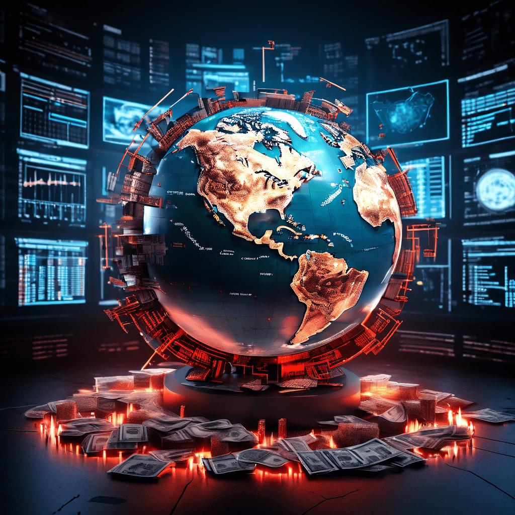 디지털 지구본을 감염시킨 랜섬웨어 코드와 주변에 흩어진 부서진 통화 기호, 희미해지는 글로벌 금융 차트가 사이버 공격이 세계 경제에 미치는 위협을 상징적으로 보여주는 이미지입니다.