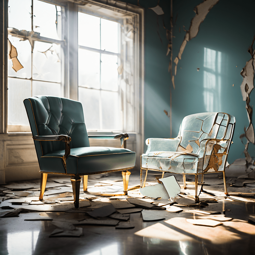 VIP 라운지 초대장이 금이 간 플라스틱 의자로 희미하게 전환되며 사치와 고립의 대비를 보여주는 이미지입니다.