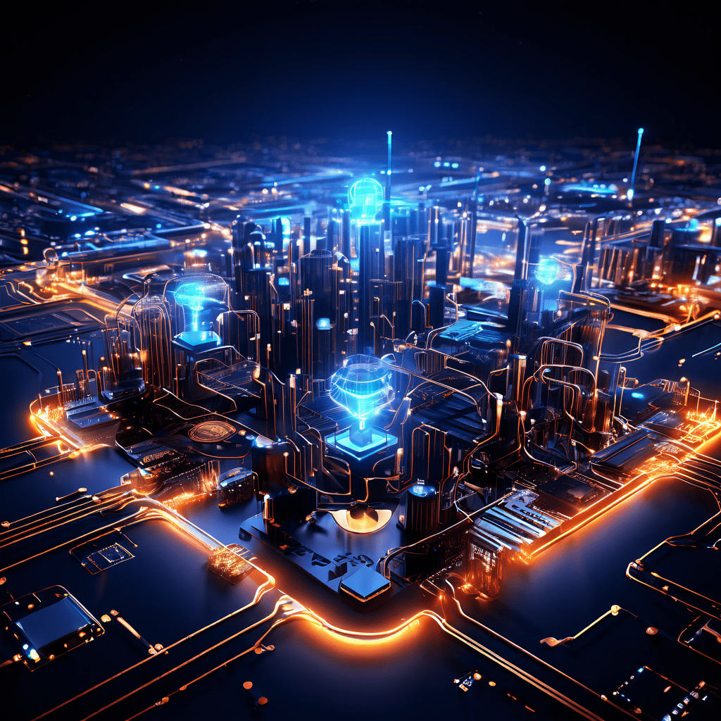 눈에 띄는 고급 제품이 복잡하게 연결된 빛나는 회로와 기어로 구성된 숨겨진 인프라 네트워크 위에 떠 있는 모습을 상징적으로 표현한 이미지입니다.