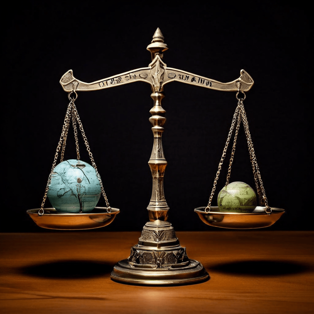 관계 부담감과 객관적 의무가 각각 올려진 저울이 팽팽한 긴장으로 기울어지며 균열이 가는 갈등과 심리적 압박의 순간을 상징적으로 표현한 이미지입니다.