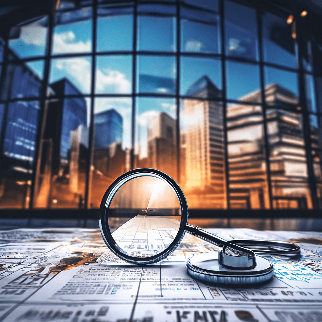 진단용 청진기가 놓인 돋보기로 균열이 간 기업 건물 외벽을 살피는 모습을 배경의 차트와 부정적 뉴스 헤드라인과 함께 표현한 이미지입니다.