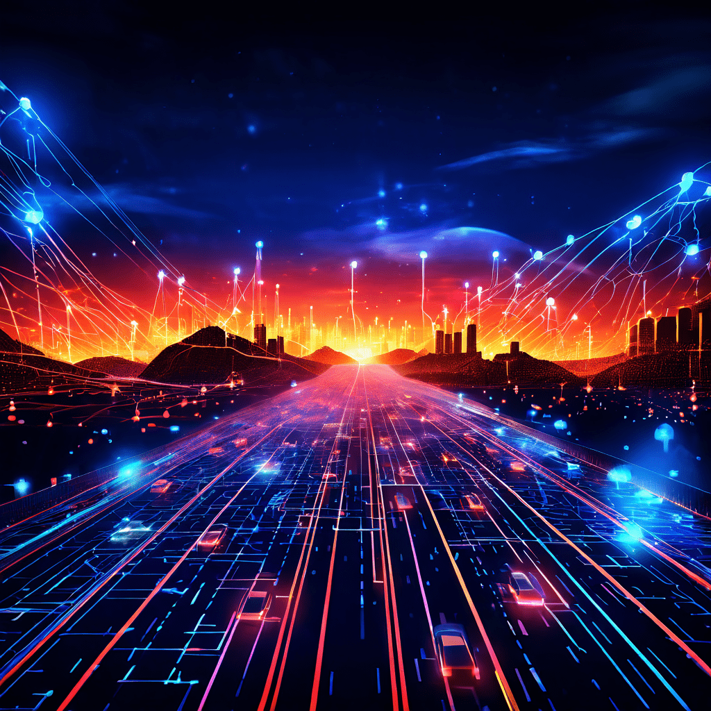 네트워크 혼잡을 추상적으로 시각화한 이미지로, 빛나는 데이터 패킷이 디지털 고속도로에서 정체를 이루며 느리게 이동하고 피크 시간을 나타내는 시계 아이콘이 표시되어 있습니다.